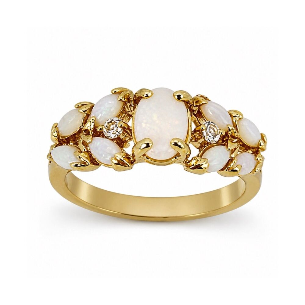 Vintage 1980s Opal Ring Size 6 CZ Accent 14KT Gold Plate - 14M